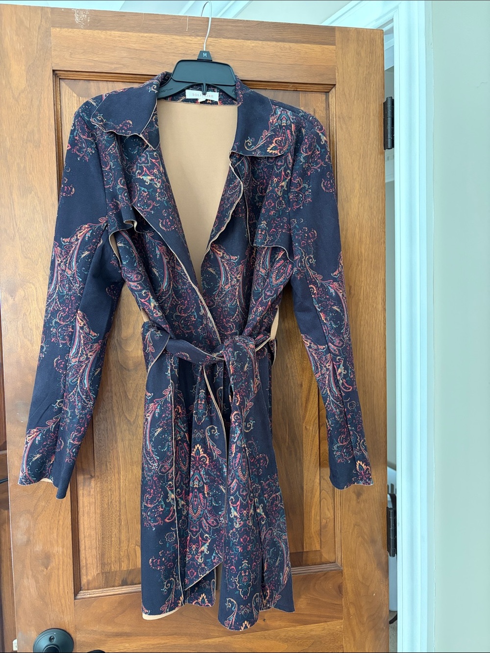 Solitaire Navy Paisley Tie-Waist Trench Coat with Red Accents